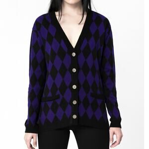 Vintage Purple Black Argyle Diamond Print Cardigan Punk Emo Y2K Grunge M/L